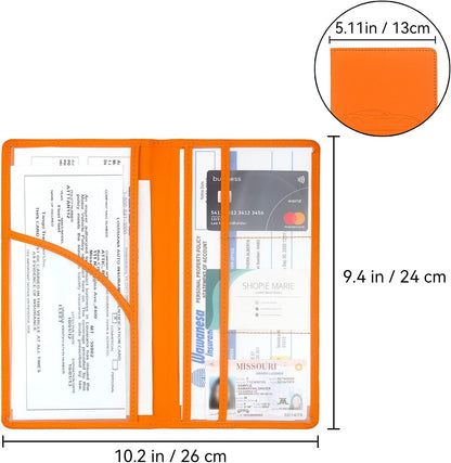 Car Registration and Insurance Holder, Premium Pu Leather Vehicle Glove Box Organizer - for Driver License, Cards & Essential Documents (L-Orange)