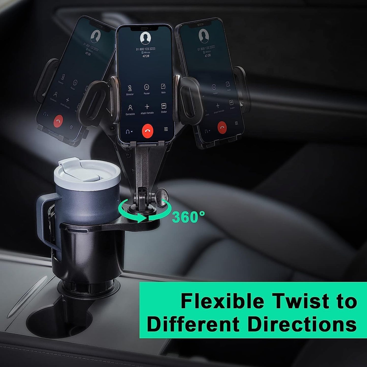 This Hill Car Cup Holder Expander 2-in-1 with Adjustable Base & 360° Rotating Phone Mount, Compatible with iPhone 17 Pro Max and Smartphones up to 4.13", Fits Large Bottles up to 3.78"