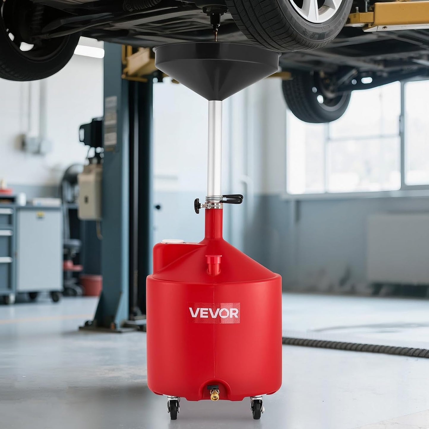 VEVOR Oil Drain Container, 20 Gallon Waste Oil Drain Tank, Portable Oil Lift Drain Pan Air Operated Drainer, Fluid Fuel Drainage Adjustable Funnel Height with Pressure Regulating Valve & Wheel