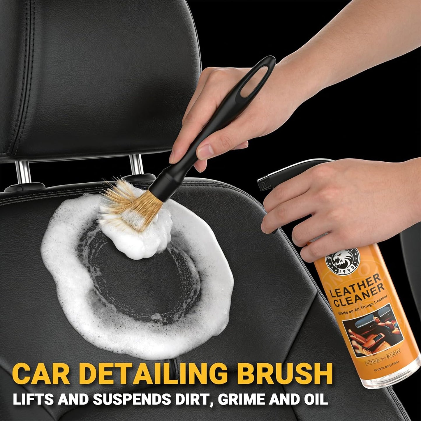Car Leather Cleaner and Conditioner Kit, Leather Care Cleaning Kit with Horse Hair Cleaning Brush - Safe for Car Interiors, Furniture, Boots, Bags & Apparel - Deep Cleaning, Non-Greasy Restorer