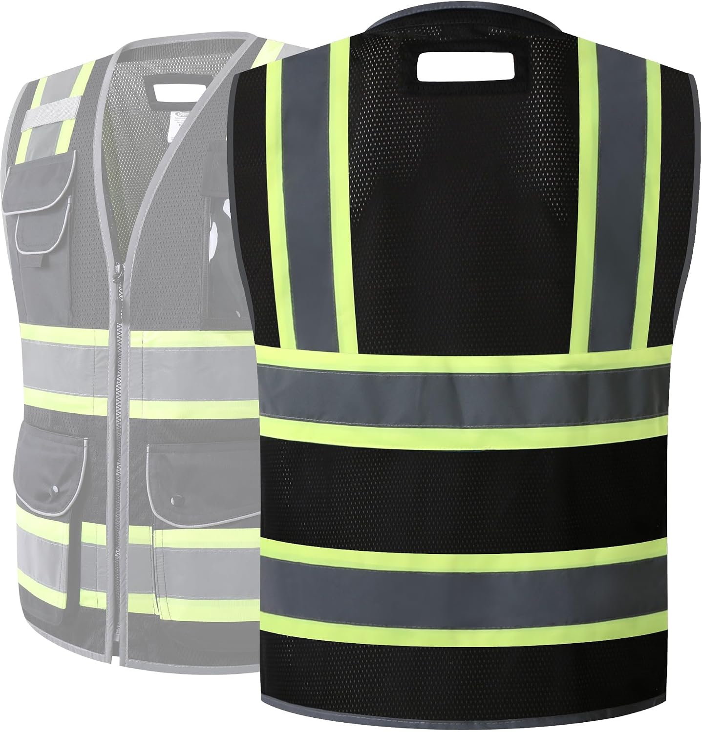 JKSafety 9 Pockets Class 2 High Visibility Zipper Front Safety Vest With Reflective Strips,Meets ANSI/ISEA Standard (Large, 150-Yellow) - Colors A