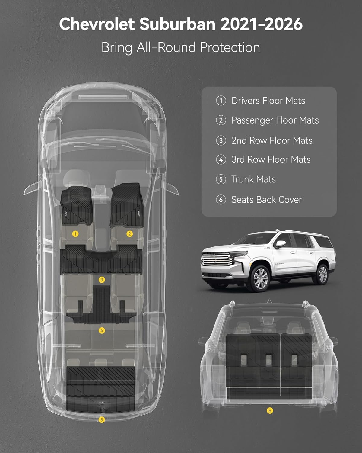 3W Floor Mats & Cargo Liner Fit for 2021 2022 2023 2024 2025 2026 Chevy Tahoe/GMC Yukon/Cadillac Escalade 7 Seat, TPE All Weather Custom Fit Car Accessories Heavy Duty Rubber Full Set Trunk Mats - Colors A