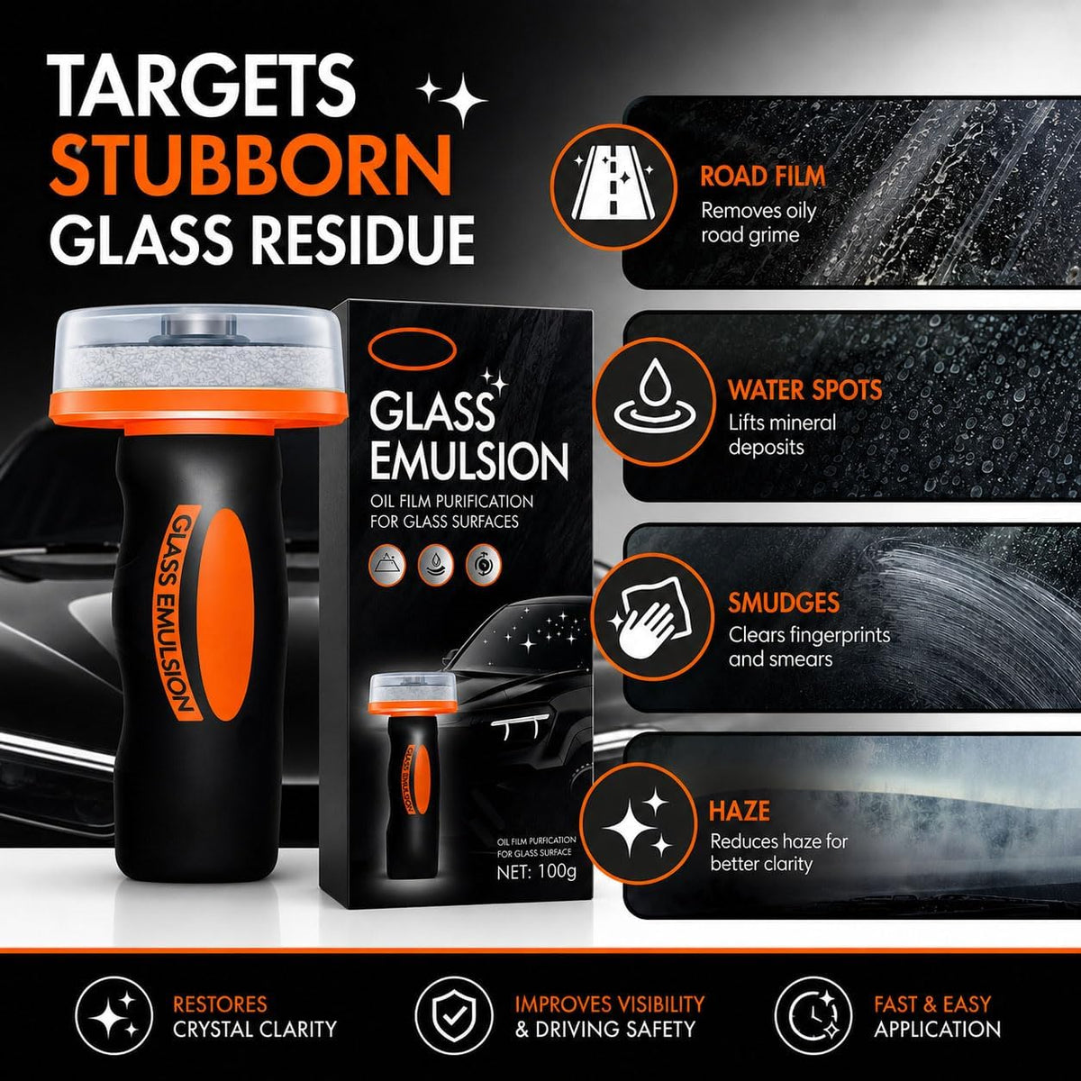 Glass Oil Film Remover for Car, 100ml Roll-On Glass Compound with Cleaning Board, Removes Oil Film & Smudges, Improve Windshield Clarity for Safe Driving