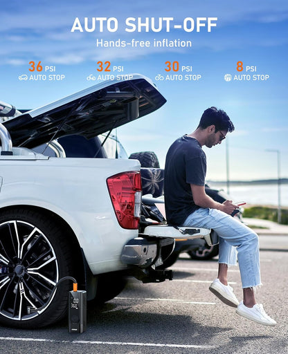 JUSUOX Tire Inflator Portable Air Compressor, Dual Power (Cordless & 12V DC) Air Pump for Car Tires, 150PSI Fast Air Pump for Moto, Bike, Large Capacity Battery, Digital Gauge with Emergency LED Light