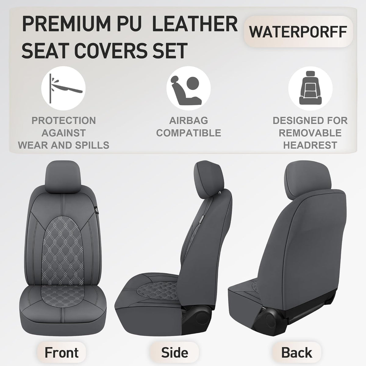 CAROMOP Luxury PU Leather Car Seat Covers Full Set-Waterproof Seat Protectors with Split Bench Seat Covers for Cars-Universal Cars Interior Covers for Sedans, SUVs, Pick-up Trucks(Gray/Gray Line)