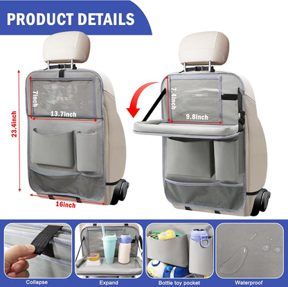 2Pack Car Backseat Organizer with Foldable Table Tray,6 Storage Pockets Car Storage Organizer with Tablet Holder,Car Seat Back Protectors Kick Mats Travel Accessories (Black)