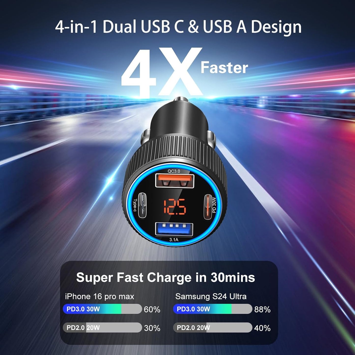 USB C Car Charger 3 Pack, Costyle 65W 4 Port Car Power Adapter with Voltmeter PD 30W/QC 3.0 Fast Charging Cigarette Lighter USB Charger Plug for iPhone 16/15/14/13/12/11 Pro Max/Pad,Android(Black)