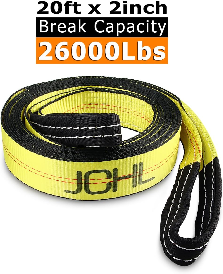 Recovery Tow Strap with Reinforced Loops 2inx20ft Heavy Duty 26,000lb Break Strength Vehicle Recovery Rope for for Car Truck Jeep ATV SUV Reinforced Loops, Protective Sleeves