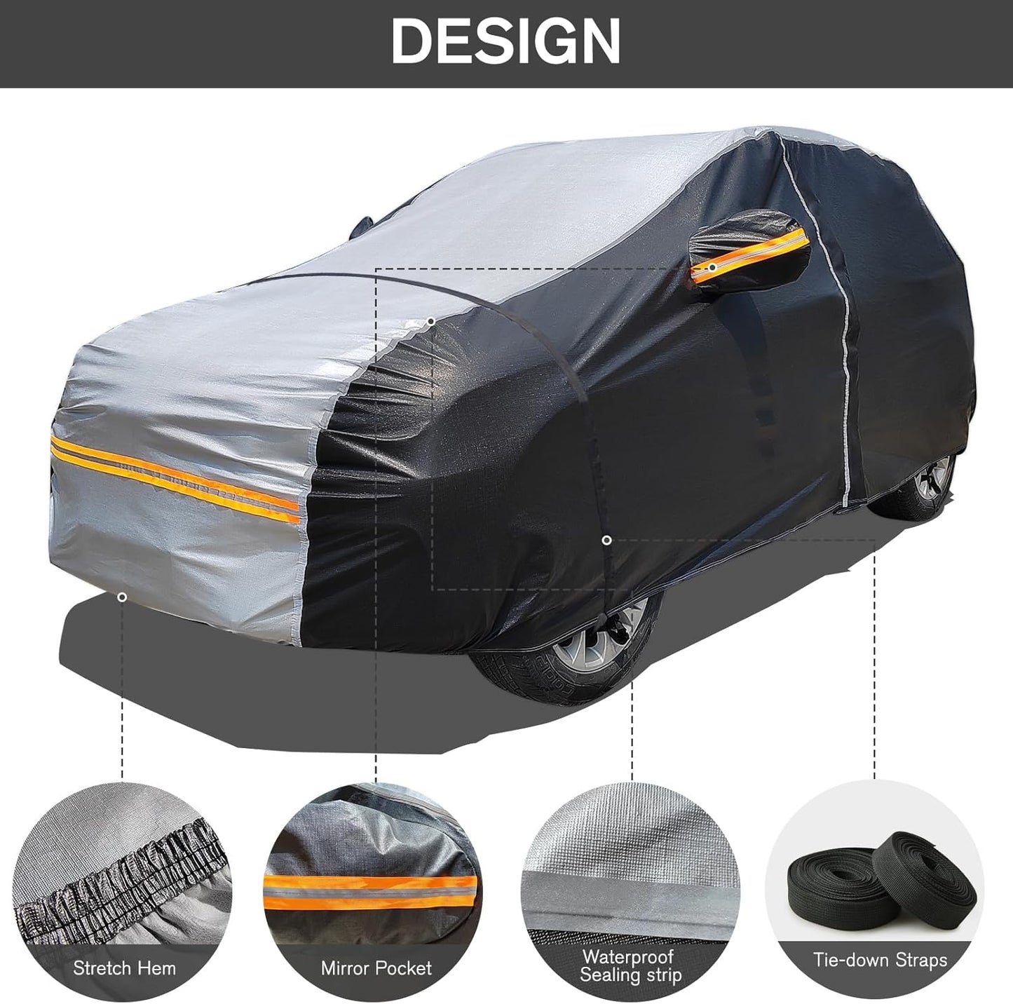 6 Layers Car Cover Waterproof All Weather Car Cover Waterproof All Weather, Outdoor Full Exterior Cover Rain Sun UV Snowproof Protection with Zipper Cotton for SUV (185-190inch)