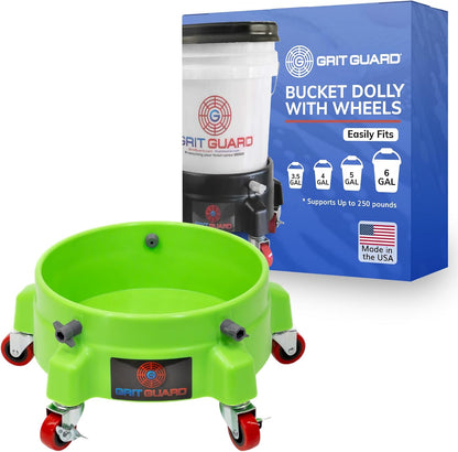 GRIT GUARD Bucket Dolly with Wheels - Rolling Detailing Wash Bucket with 5 Wheels and 2 Locking Casters Compatible with 2.5, 4, 5 and 6 Gallon Buckets (Black, 2" Red Casters) - Made in the USA