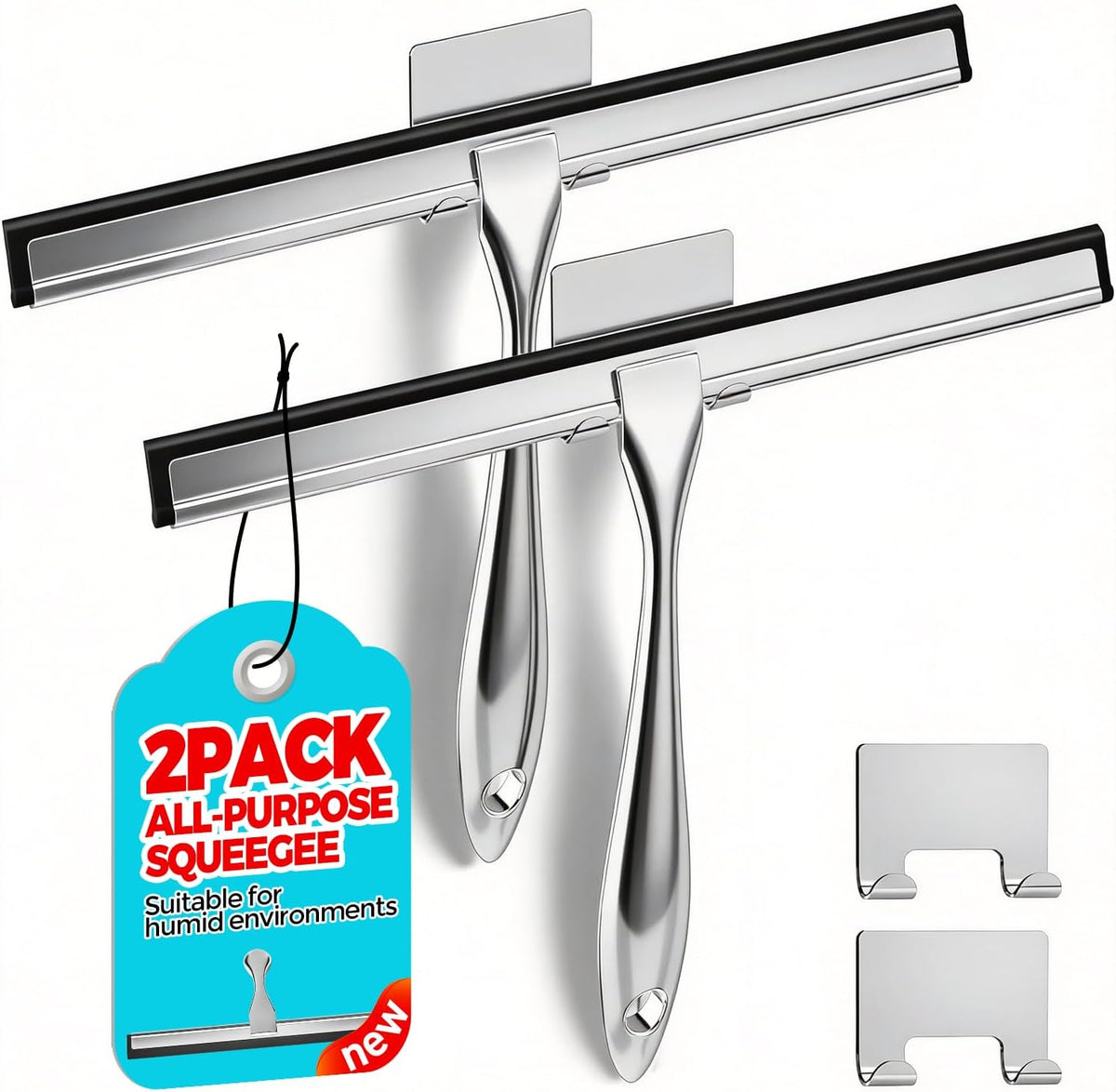 ALFLOD 2PACK Shower Squeegee for Glass Doors, Squeegee for Shower Glass，All-Purpose Tile Walls, Bathroom, Window, Glass and Car Windshield, Mirrors and Kitchen-Stainless Steel, 10 Inches, Silver