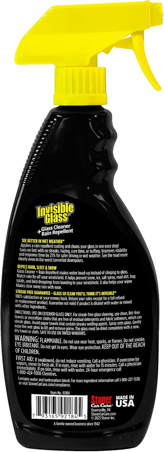 Invisible Glass 92184 Glass Cleaner + Rain Repellent 2-in-1 Windshield and Window Spray, Cleans Auto Glass, Repels Rain, Sleet, Snow, Improves Wet Weather Visibility – 22 fl oz