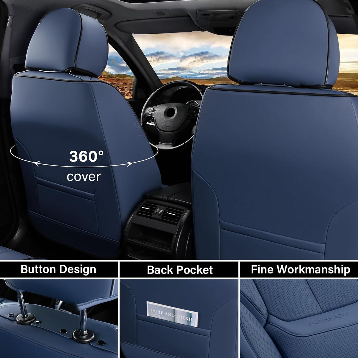 Coverado Seat Covers Full Set, Black Seat Covers for Cars 5 Seats, Car Seat Protector, Waterproof Nappa Leather Car Seat Cushion, Front and Rear Car Seat Cover Fit for Most Sedans SUV Pick-up Truck - Colors B