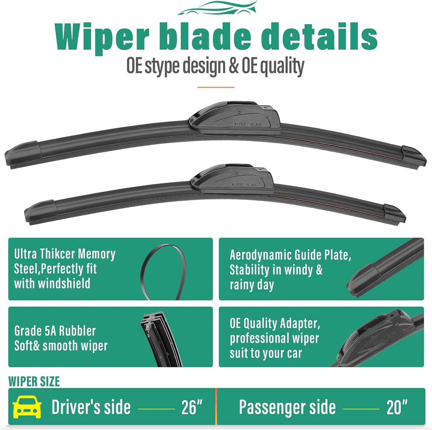 26" 16" 12" Windshield Wiper Blades Replacement for Toyota RAV4 2019 2020 2021 2022 2023 2024 2025 RAV 4 / Mazda 5 2006-2015 Premium All Weather Front Rear Wipers Set - OEM Quality (Pack of 3) - Colors A