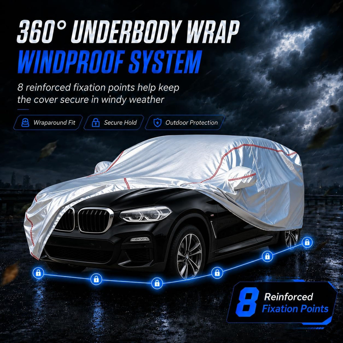 Car Cover for Sedan, Waterproof All Weather Heavy Duty, 360° Underbody Wrap Windproof Design, Quick Install Outdoor Vehicle Cover, Fits 186-193 in