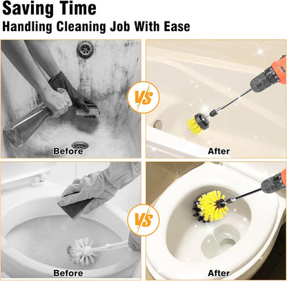 8 Pcs Drill Brush Attachment Set, Power Cleaning Scrub Brush Kit with Extend Long Attachment, All Purpose Drill Scrub Brushes for Car, Grout, Floor, Tub, Bathroom and Kitchen (Yellow)