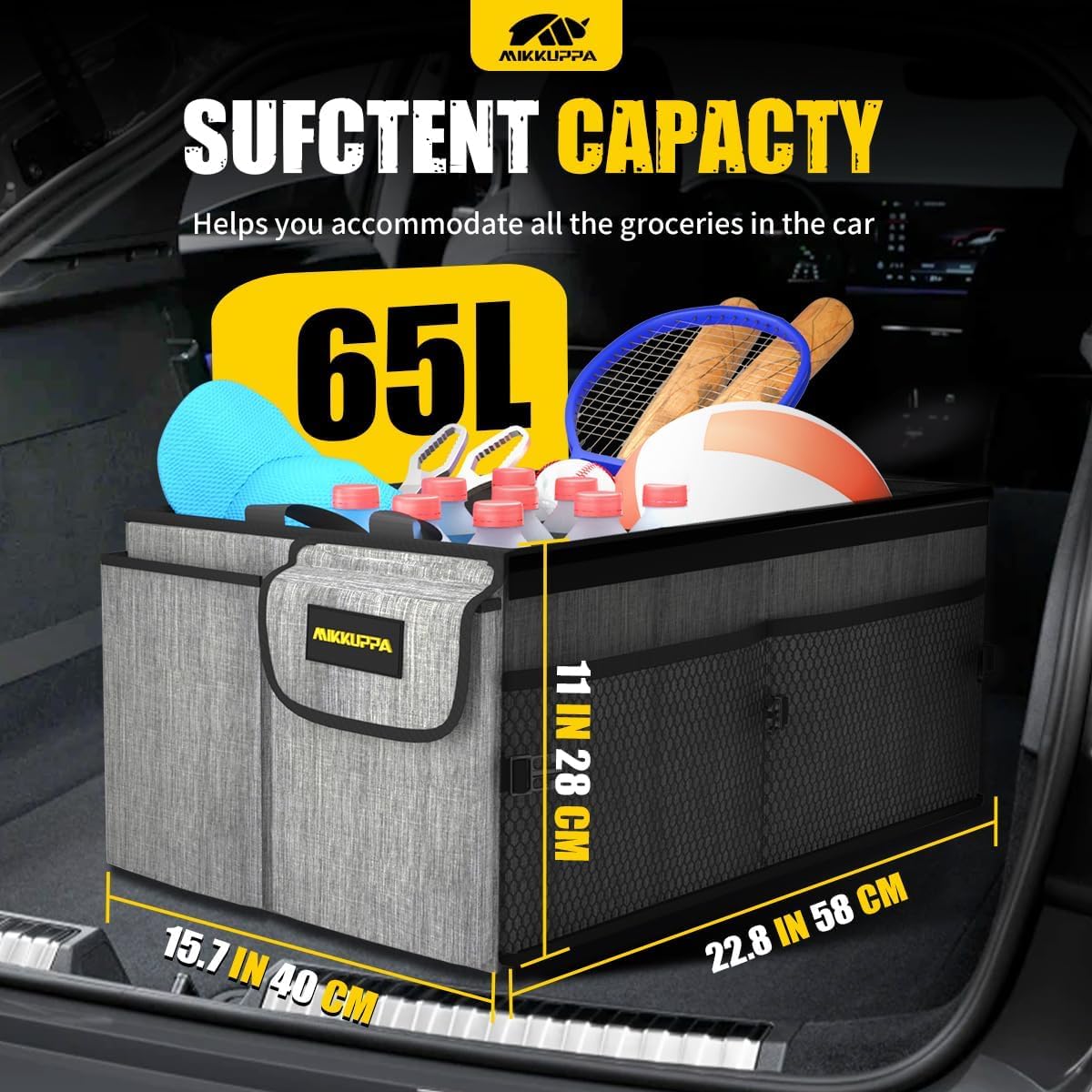 MIKKUPPA Car Trunk Organizer - 65L Collapsible Trunk Organizer with Lid, Sturdy Car Storage for SUV Auto Truck Van with Adjustable Straps and Non Slip Bottom (Black)