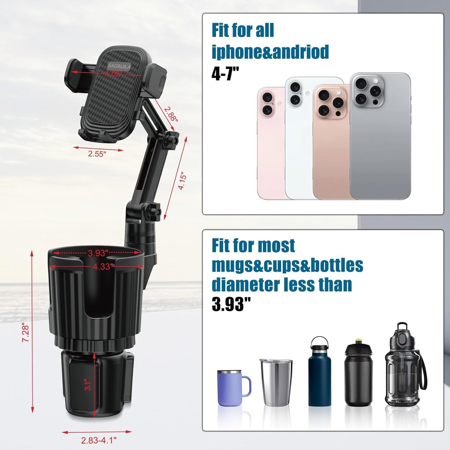 Phone Holders for Your Car Cupholder, 2 in 1 Cell Phone Holder Mount with Cup Holder Expandable Base, 360 Degree Rotating Neck, Fits All 4-7" Smartphones and Most Bottles, 1 Pack