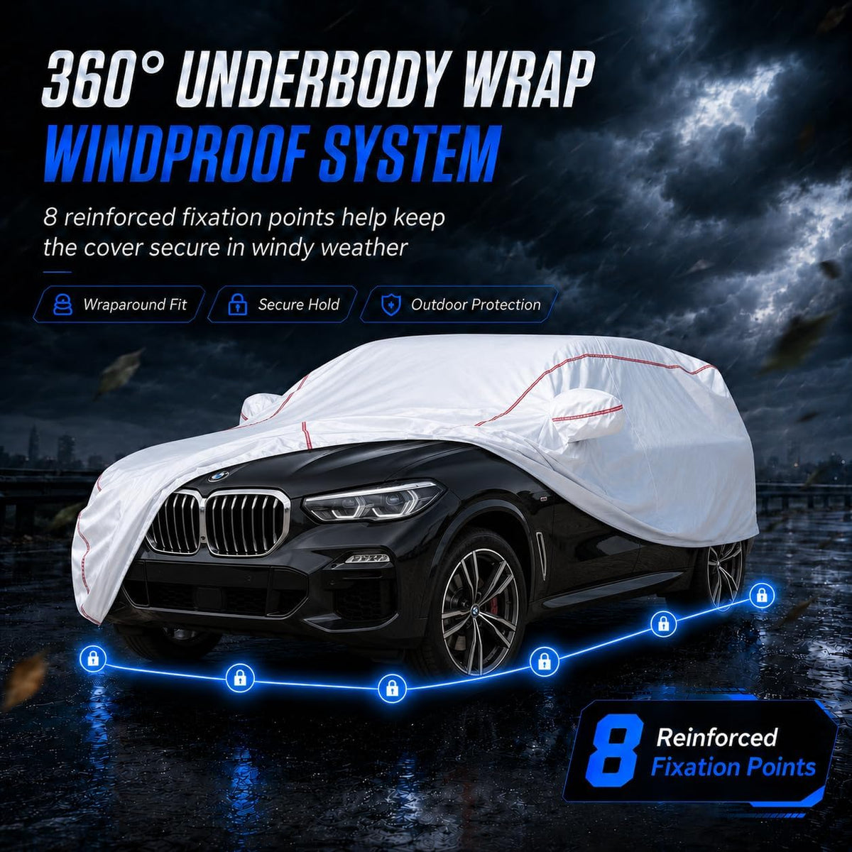 Car Cover for Sedan, Waterproof All Weather Heavy Duty, 360° Underbody Wrap Windproof Design, Quick Install Outdoor Vehicle Cover, Fits 186-193 in