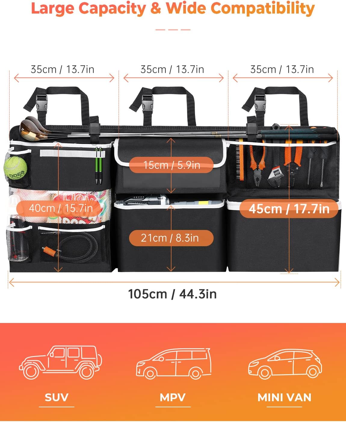 Oasser Back Seat Trunk Organizer Hanging Car Organizer Foldable Cargo Storage with 6 Large Pockets 3 Adjustable Straps 40x19inch