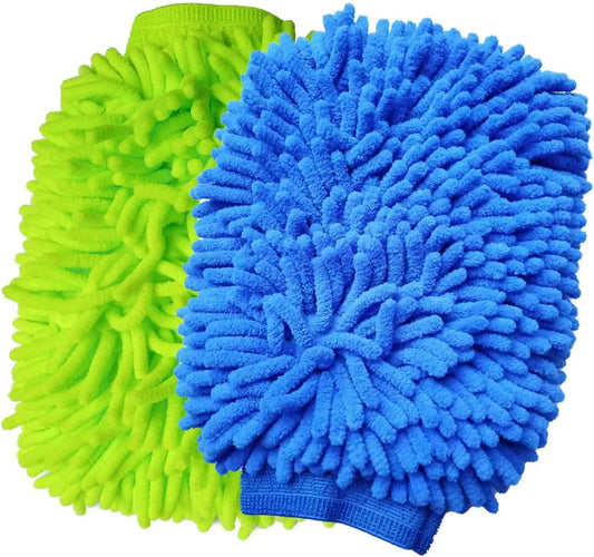 2 Pack Car Wash Mitt Microfiber Chenille Car Wash Mitt Scratch Free for Cars Cleaning,Home Cleaning Mitts(Green/Blue).