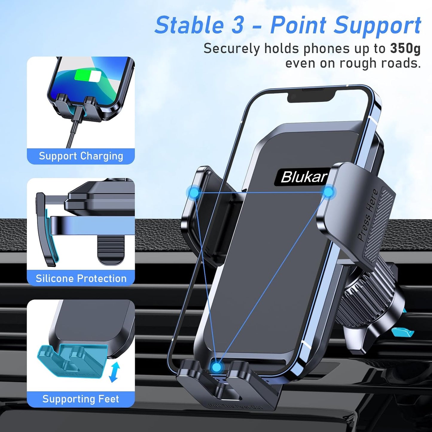 Blukar Car Phone Holder Mount, Super Stable Air Vent Cell Phone Car Mount with 2025 Metal Hook Clip, 360° Rotation,One Button Release for iPhone, Galaxy, Google, and All Other Smartphones