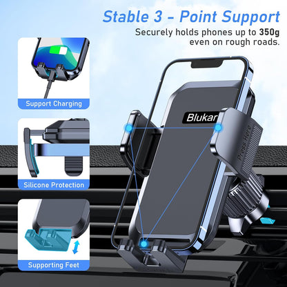 Blukar Car Phone Holder Mount, Super Stable Air Vent Cell Phone Car Mount with 2025 Metal Hook Clip, 360° Rotation,One Button Release for iPhone, Galaxy, Google, and All Other Smartphones