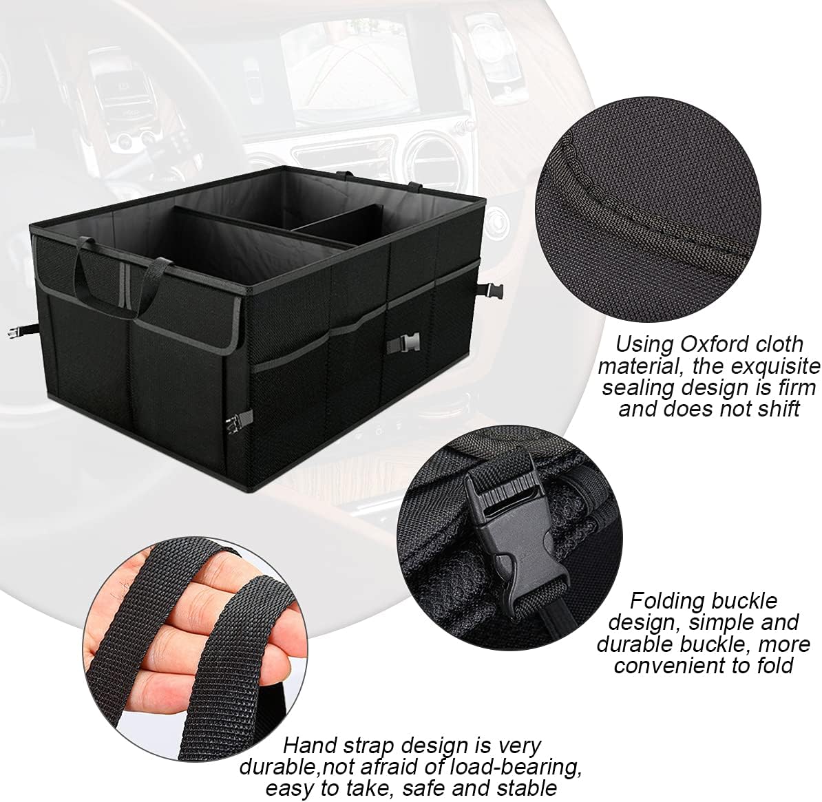 Car Trunk Organizer, Portable Foldable Waterproof Auto Storage Bag with 3 Compartments, Collapsible Cargo Trunk Groceries Organizer, Car Accessories Universal for SUV, Truck, Van, Sedan (Black2)
