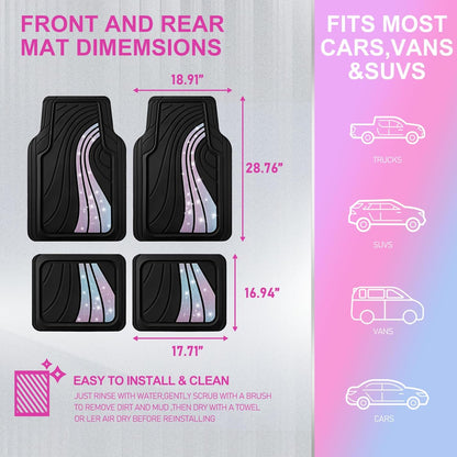 Road Comforts Car Floor Mats Full Set – Front & Rear Car Floor Mats with Aluminum Design, Anti-Slip Backing, All-Weather Protection, Trim-to-Fit Car Mats for Most Sedans, SUVs & Vans -All Pink