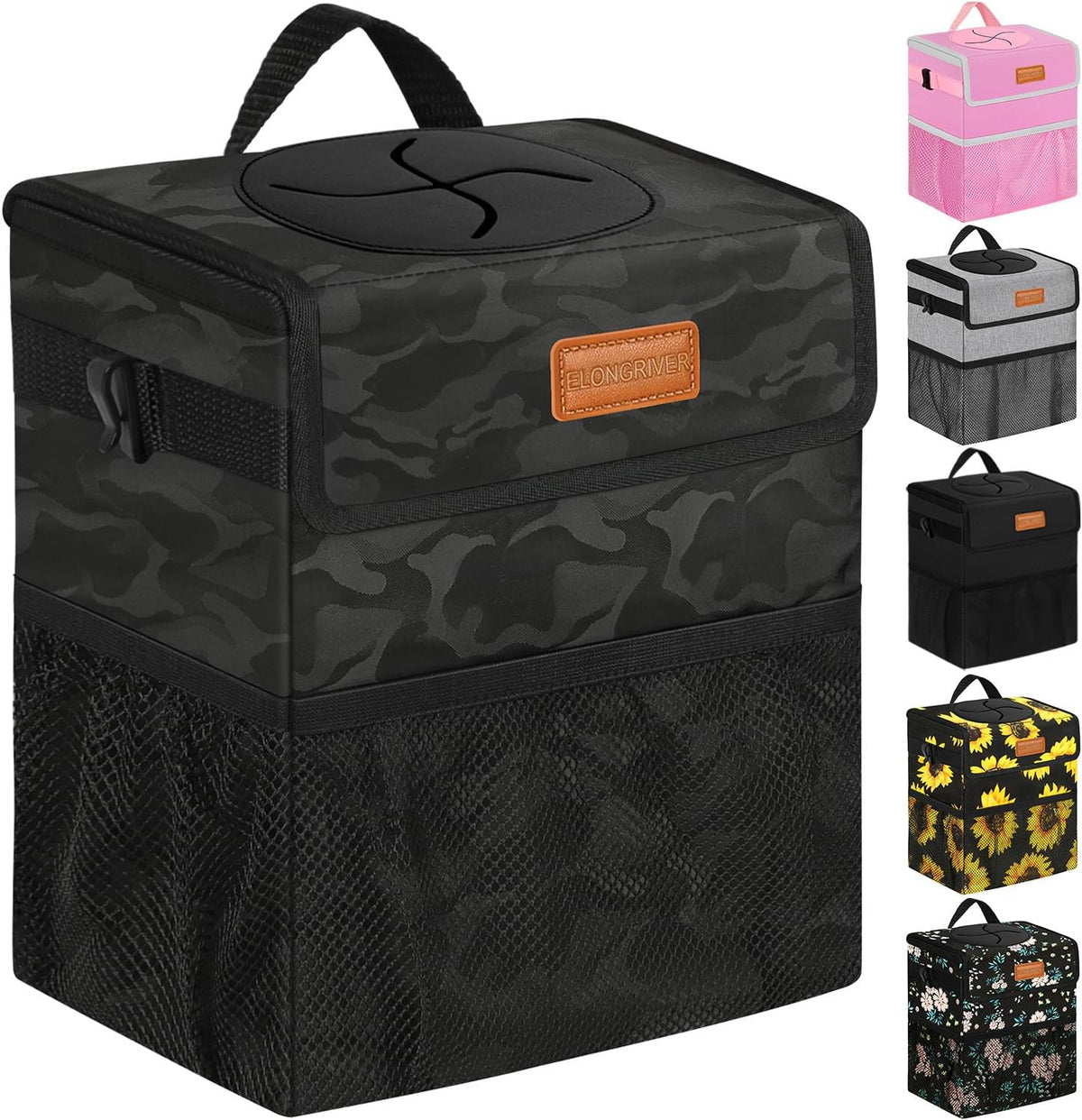 ELONGRIVER Car Trash Can Bin for Back Seat Leak Proof, Cute Car Trash Bag Hanging, Vehicle Trash Can for SUV Truck Van, Automotive Garbage Cans Front Seat Black