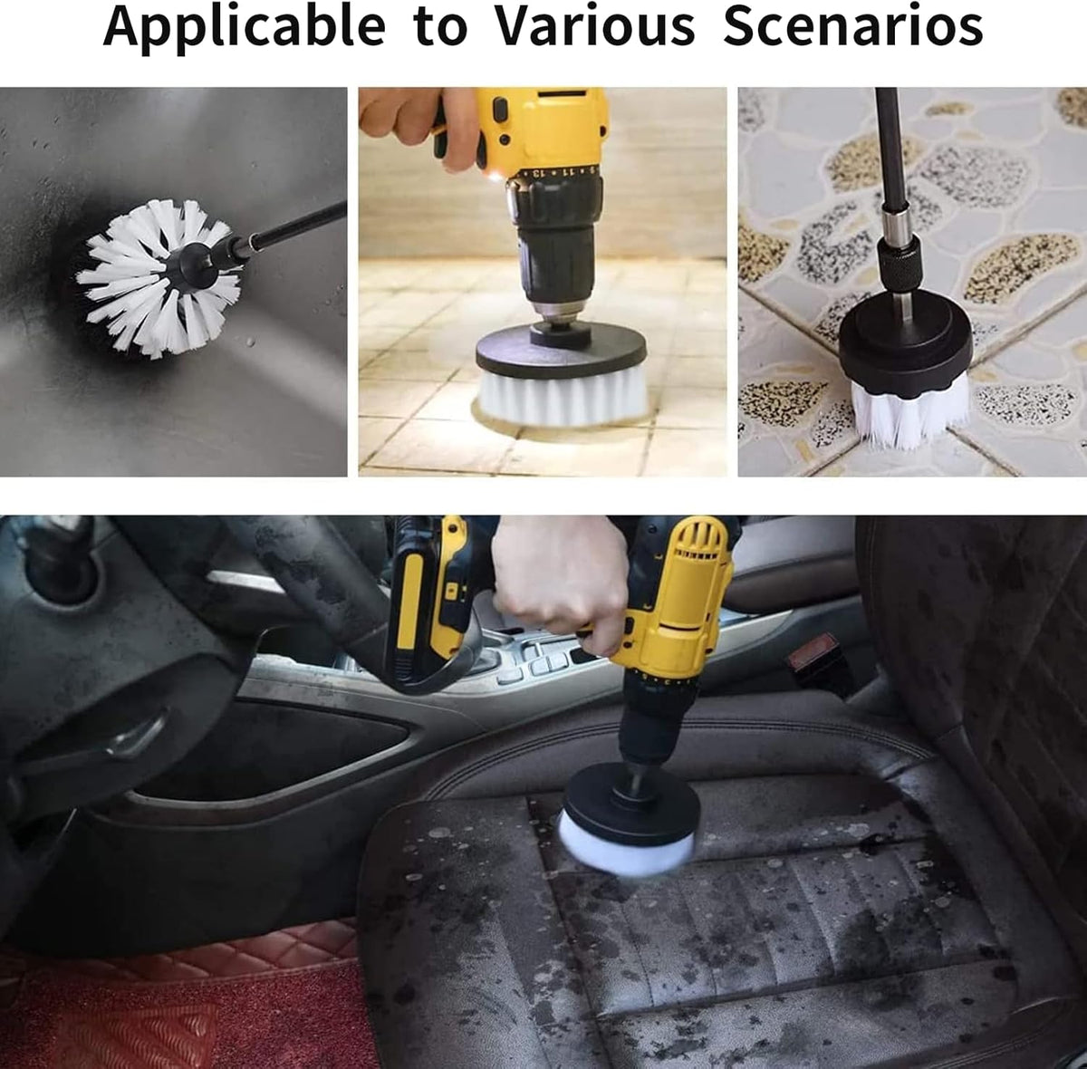8 Pcs Drill Brush Attachment Set, Power Cleaning Scrub Brush Kit with Extend Long Attachment, All Purpose Drill Scrub Brushes for Car, Grout, Floor, Tub, Bathroom and Kitchen (Yellow)