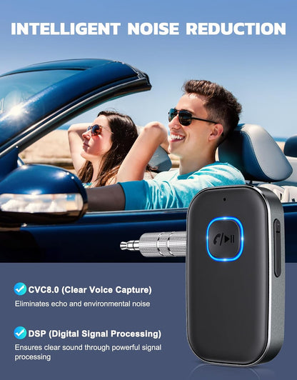 COMSOON Bluetooth Receiver for Car, Noise Cancelling 3.5mm AUX Bluetooth Car Adapter, Wireless Audio Receiver for Home Stereo/Wired Headphones, Hands-Free Call, 16H Battery Life - Black+Silver