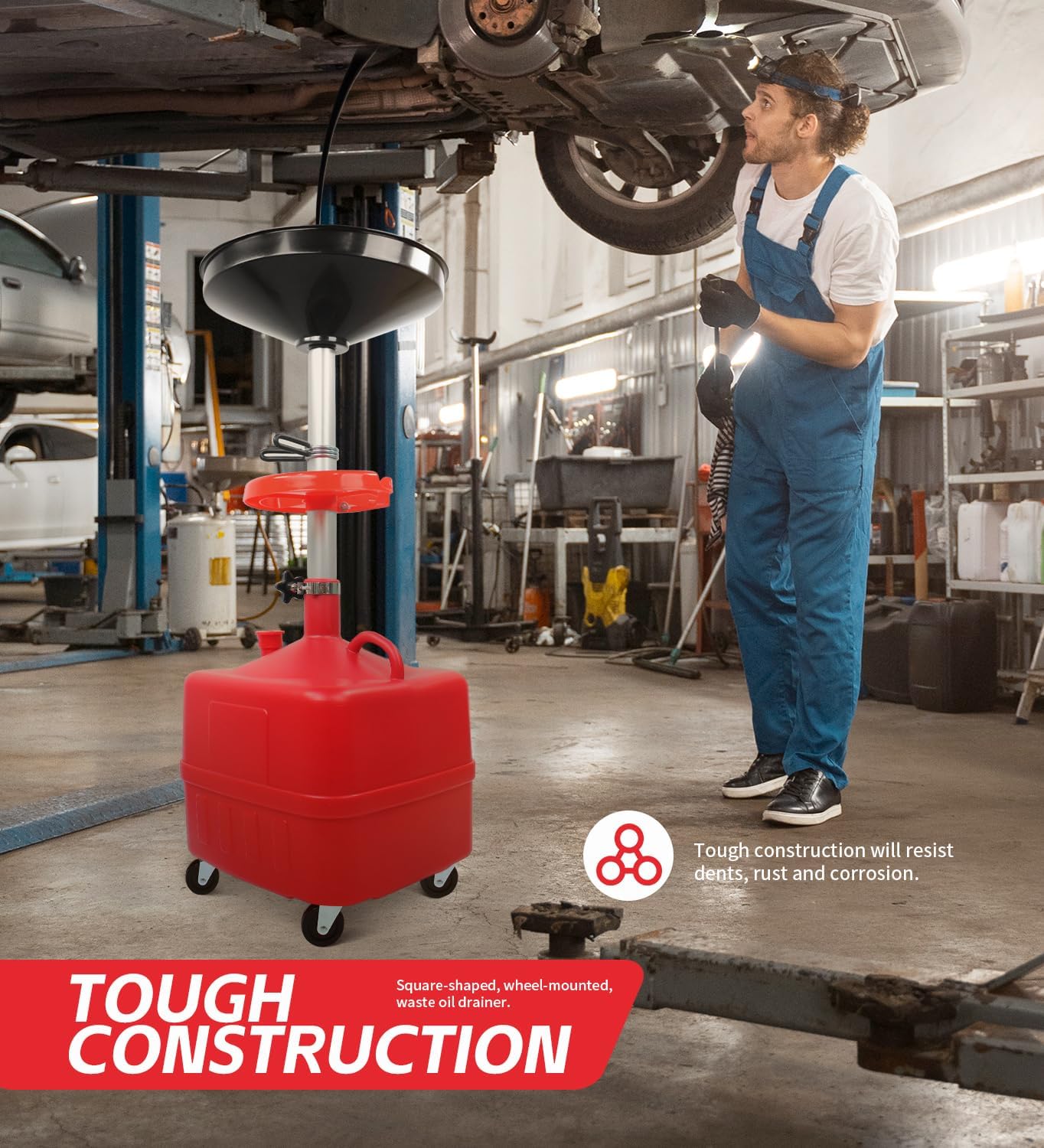 MaxWorks 50964 9-Gallon Portable Waste Oil Drain, Industrial Fluid Drain Square Tank with Wheels and Adjustable Funnel Height. Red.