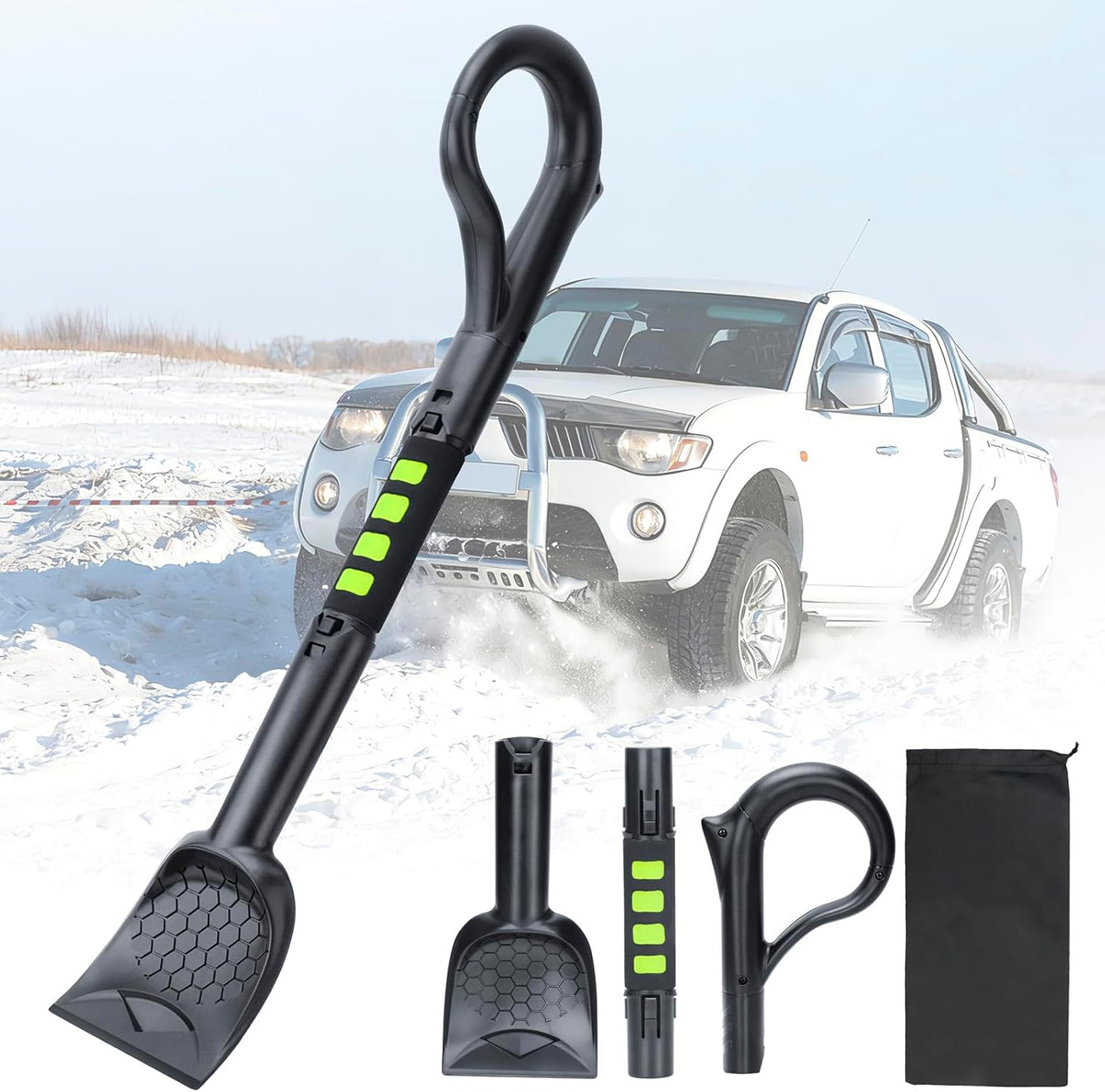 45.6" Ice Scraper and Snow Brush for Car Windshield [Silicone Bristles] ,3-in-1 Extendable Emergency Snow Shovel with Ergonomic Foam Grip and 360° Pivoting Brush Head for Christmas, Car Auto Truck SUV
