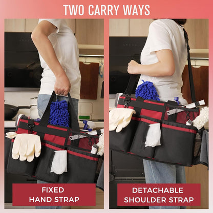 SCAVATA Wearable Cleaning Caddy Organizer with Handle & Shoulder Straps for Housekeepers, Under Sink & Car Cleaning Tool Organizer Bag with 4 Foldable Dividers (Green)