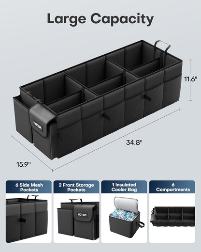 HOTOR Trunk Organizer, Sturdy Foldable with Cooler for Car & SUV, 3 Compartments, Black, 30.90”×12.60”×10.63”