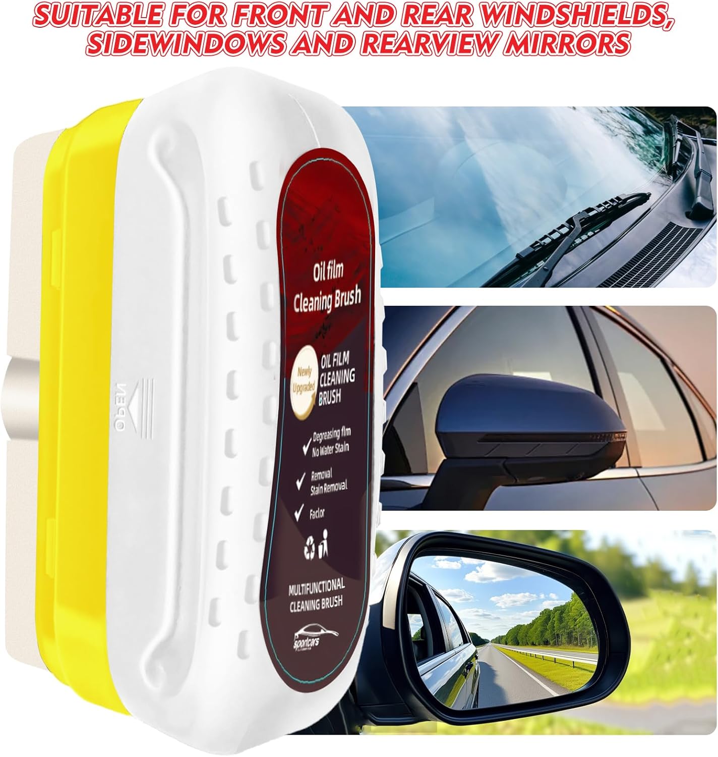 Automotive Oil Film Cleaning Brush, Upgraded Antifog & Rainproof Glass Cleaning Board, Reusable Glass Oil Film Remover for Car Windows & Windshields (Red)