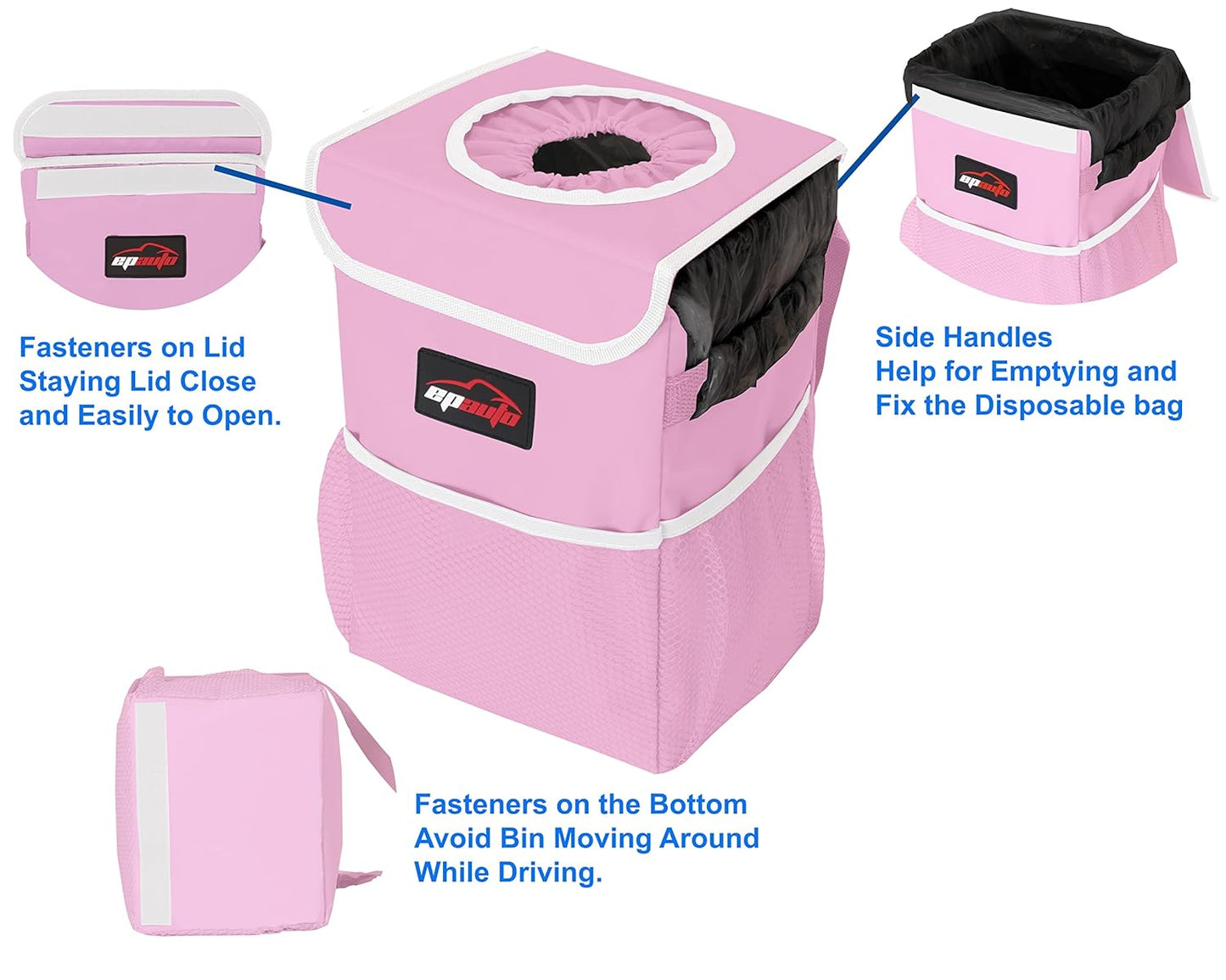 EPAuto Waterproof Car Trash Can with Lid and Storage Pockets, 2.5 Gallon, Black