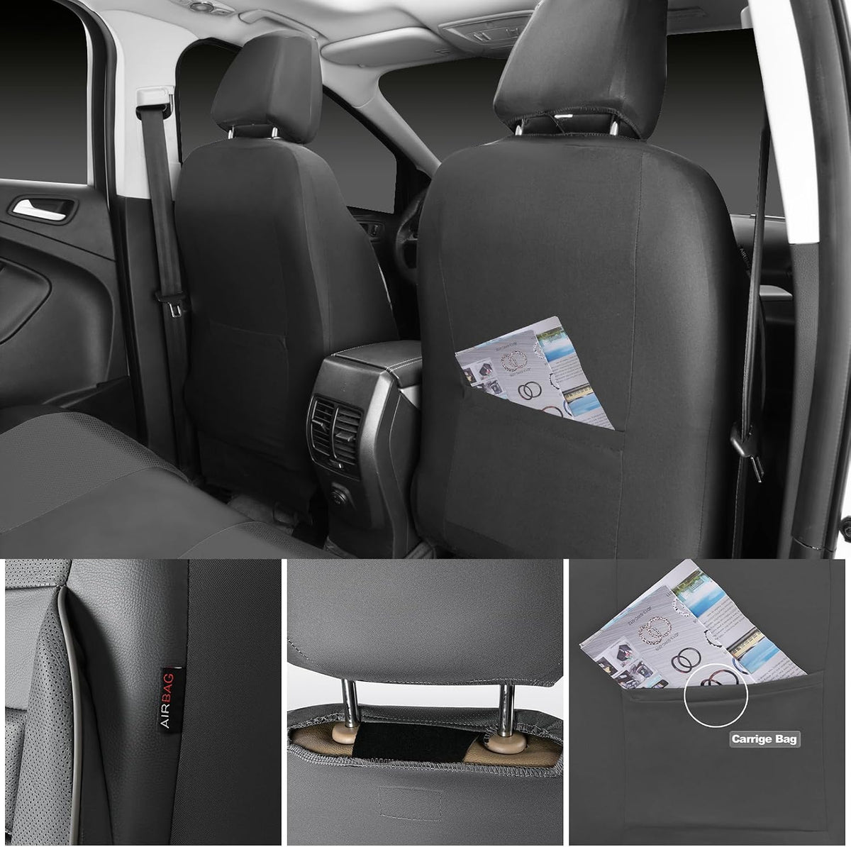 CAR PASS Leather Seat Covers Full Set Universal Water Resistant 3D Foam Back Support, Luxury Comfort Automotive 5 Seat Covers All Season Fit for SUV,Sedan,Van, Airbag Compatible Elegance(Pure Black)