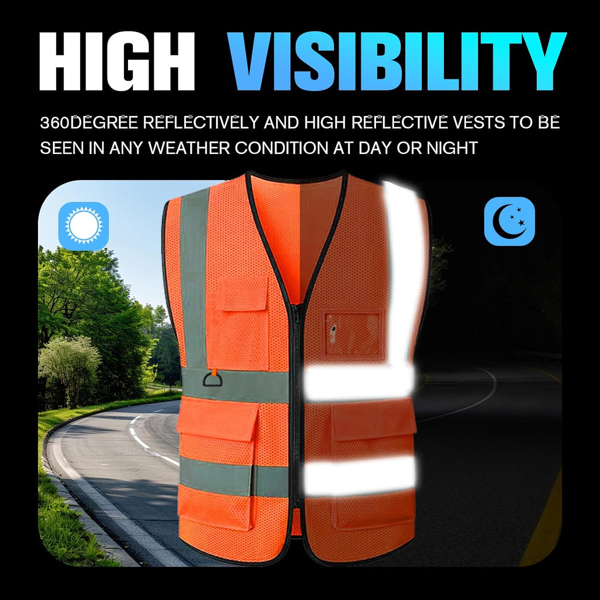 Reflective Mesh Safety Vest, Breathable Hi Vis Vest Construction Work with 5 Pockets and Zipper for Men Women