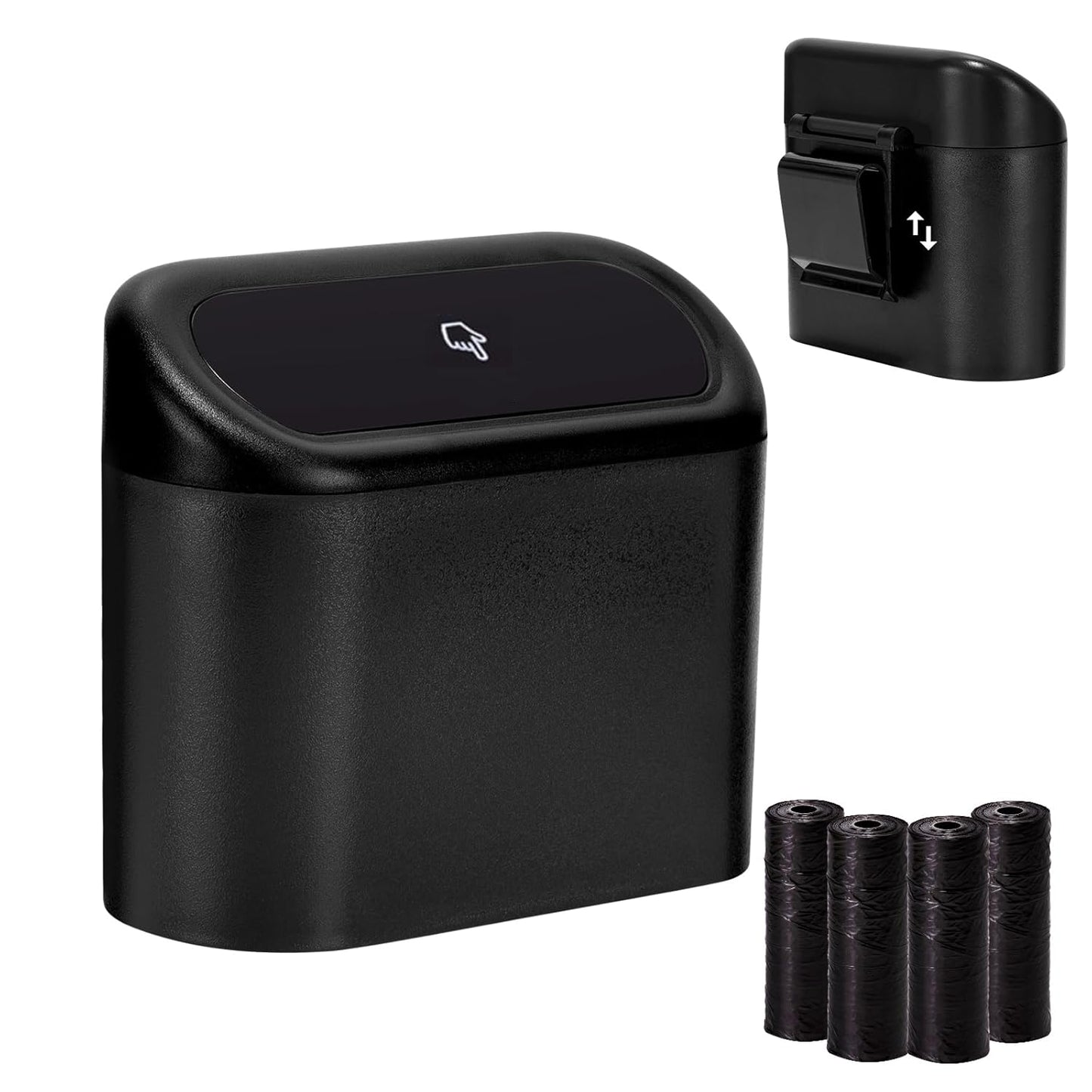 Ginsco 2 Pack Mini Car Trash Can with Lid, Small Car Garbage Can, Cute Leakproof ABS Trash Bin, Cars Accessories for Interior, Garbage Bin for Car, Home, Office with 120pcs Trash Bags Black
