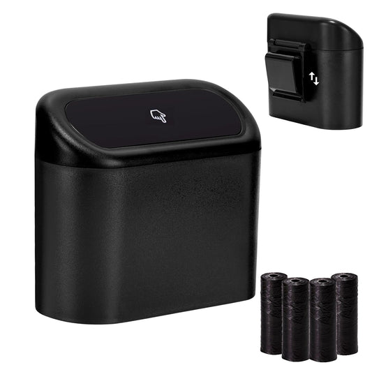 Ginsco 2 Pack Mini Car Trash Can with Lid, Small Car Garbage Can, Cute Leakproof ABS Trash Bin, Cars Accessories for Interior, Garbage Bin for Car, Home, Office with 120pcs Trash Bags Black