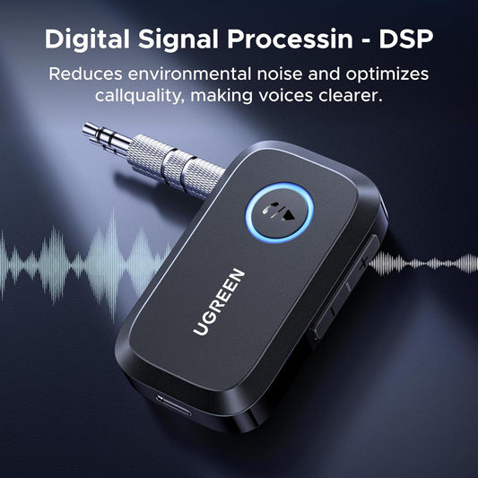 UGREEN Bluetooth 5.4 Car Adapter, Hands-Free Call & Noise Cancelling AUX to Bluetooth Adapter for Car, 3.5mm Audio Blue-Tooth Receiver for Cars Stereo Home Speaker - 15H Battery Life