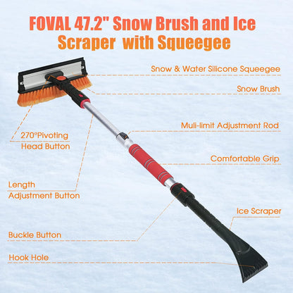 62.4" Snow Brush - Ice Scrapers for Car Windshield, 360°Pivoting Brush Head, Comfortable Foam Grip, Extendable Snow Removal Car Brush for Trucks SUVs, Essential Winter Tool