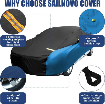 Riakrum Full Car Cover Waterproof All Weather for Automobiles Windproof Cover Rain UV Protection Sun Scratch Resistant Outdoor Universal(Fit Sedan Length (185-193'') 70'' H,Black, Orange)