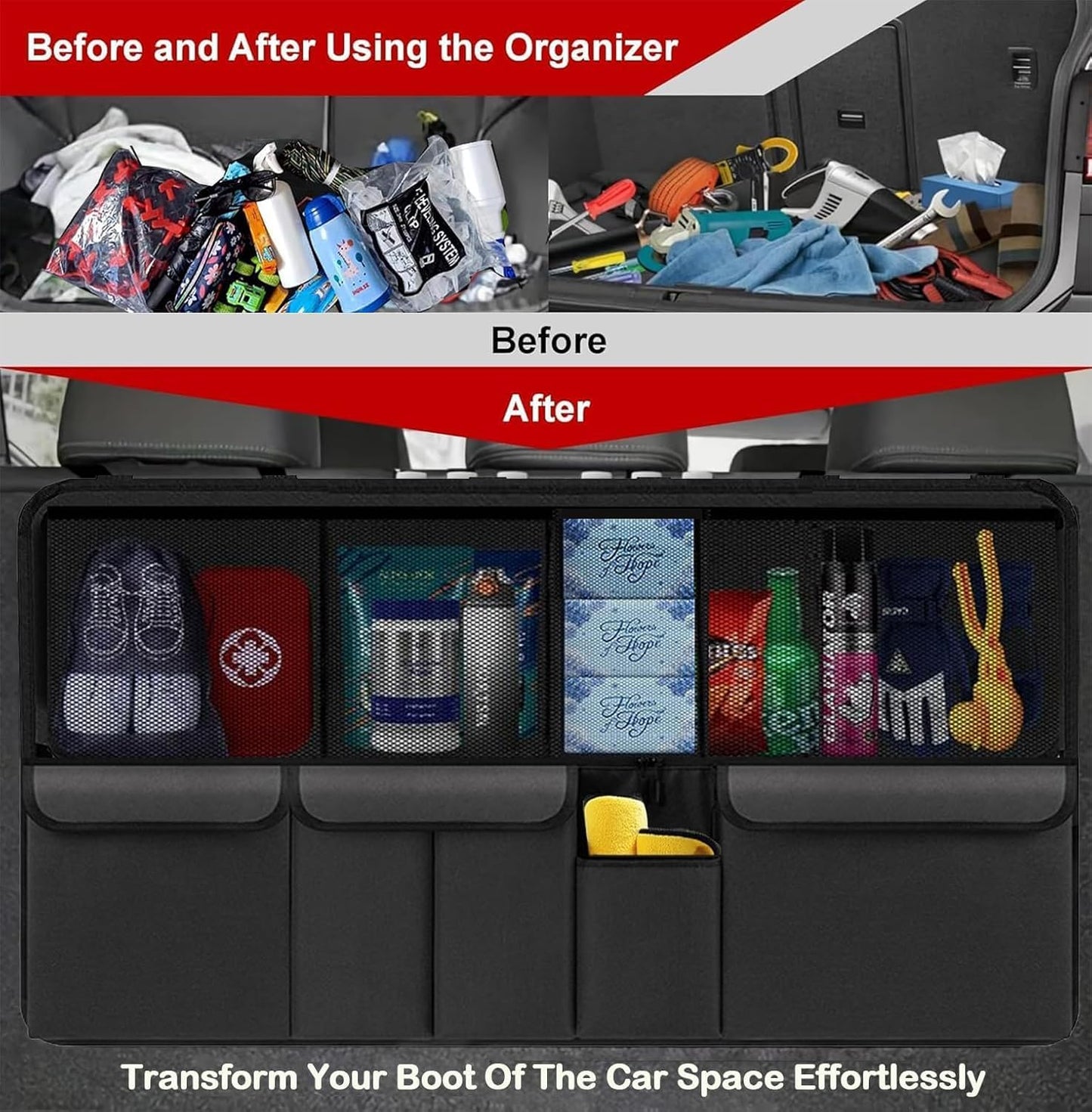 Car Trunk Organizer with 9 Large Pockets, Car Storage Organizer for SUV/MPV/Truck, Space Saver Travel Accessories (Black)
