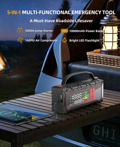 5000A Car Battery Jump Starter with Air Compressor 160PSI, Car Battery Charger 7.0L Gas/6.0L Diesel, Jumper Box for Car Battery with Tire Inflator & Power Bank& Jumper Cables, Father's Day