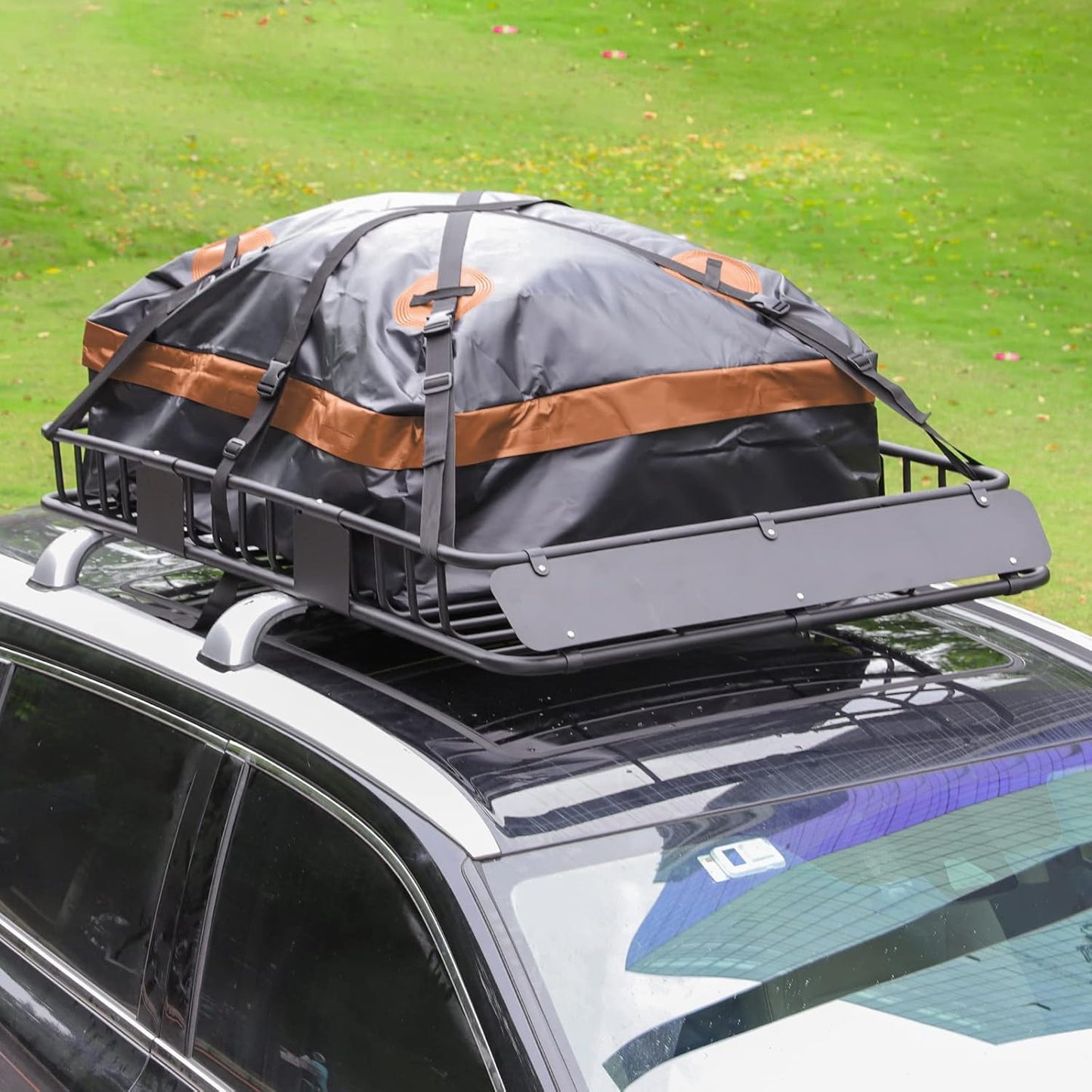 WEIZE 64" x 39" x 5" 200lb Heavy Duty Roof Rack Carrier Basket with Waterproof Bag, Cargo Net and Ratchet Straps, Universal Car Top Luggage Holder for SUV, Truck