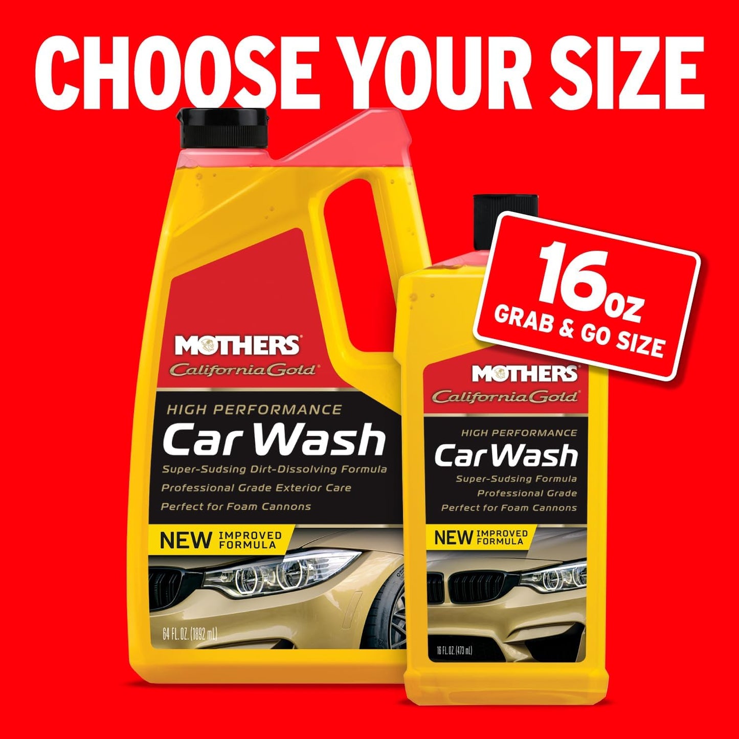 Mothers California Gold High Performance Car Wash, 64 oz. — pH Balanced, Eco-Friendly, Super-Sudsy, Foam Cannon, Safely Cleans Without Stripping Wax, Sealant or Coating, Removes Dirt & Grime (05664)