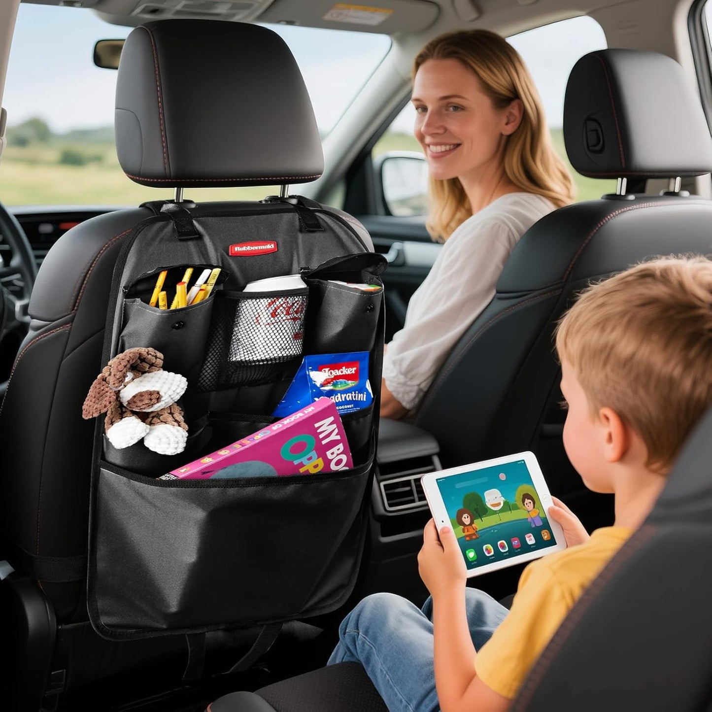 Rubbermaid Backseat Car Organizer, Kick Mats and Seat Back Protector, Car Organizer for Kids with 6 Storage Pockets, Travel Essentials for SUV, Truck, Car - 2 packs Gray